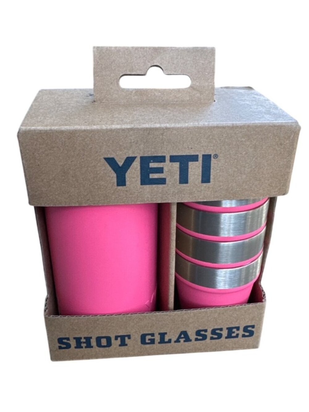 New Tropical Pink Yeti Shot Glasses Carrying Case Set 4 Stainless Steel Party
